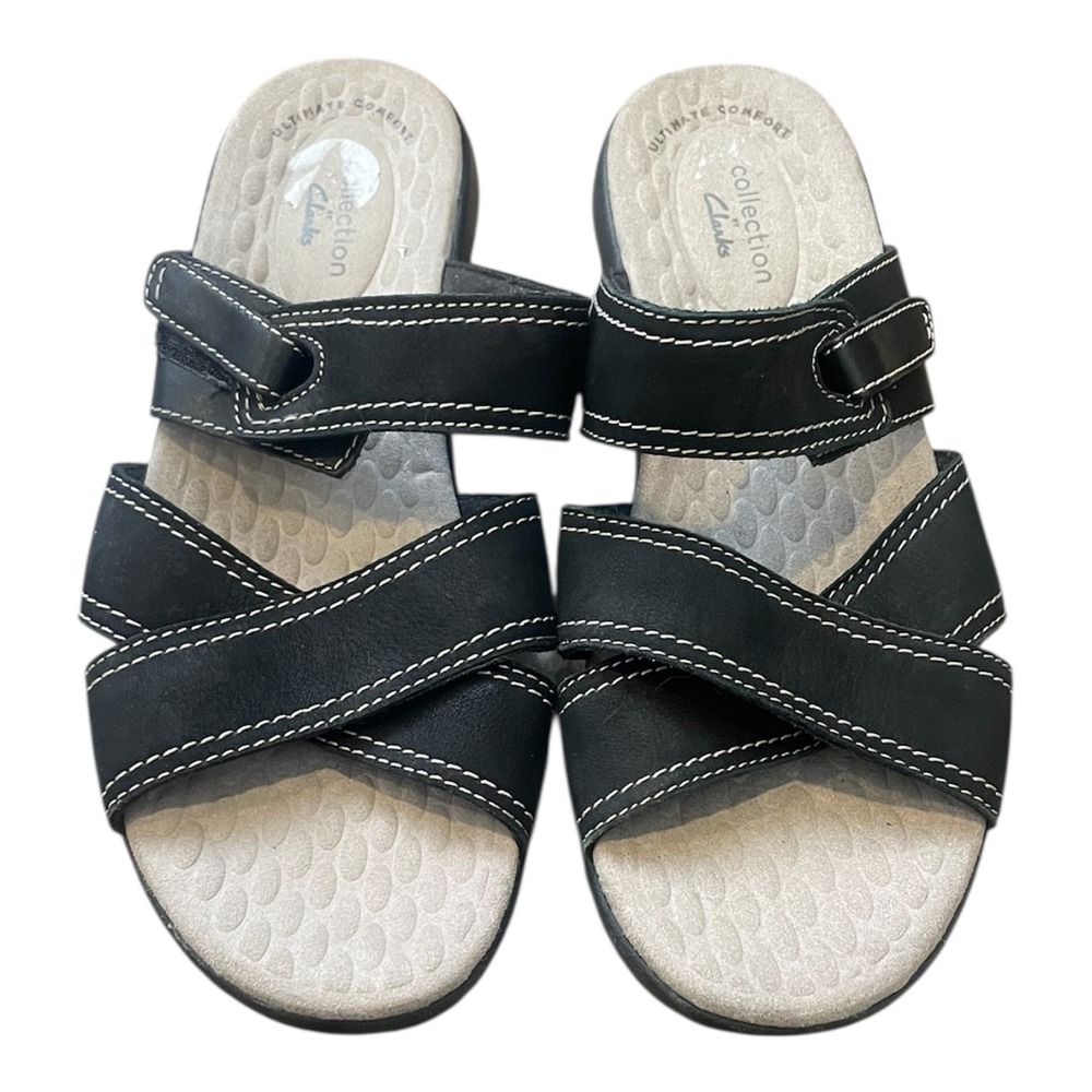 Clarks Collection Black Leather Comfort Wedge Sandals Women Size 7.5